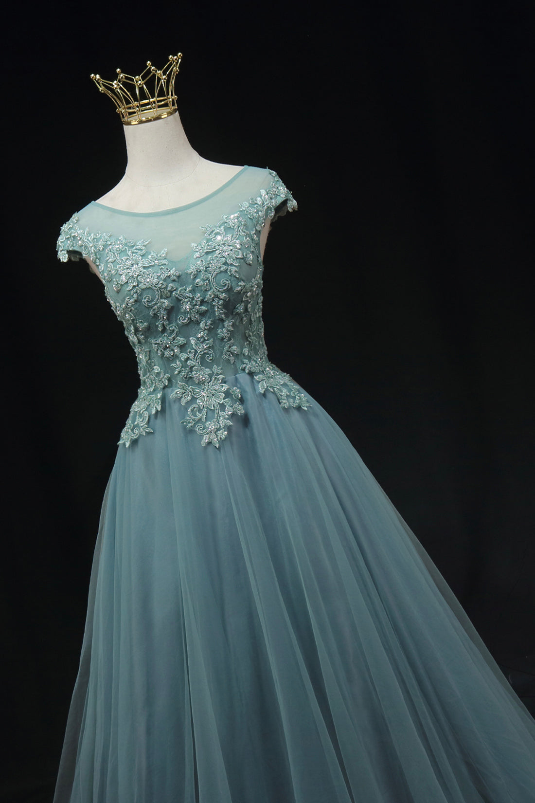 Blue Scoop Neckline Tulle Lace Long Prom Dress, A-Line Evening Party Dress