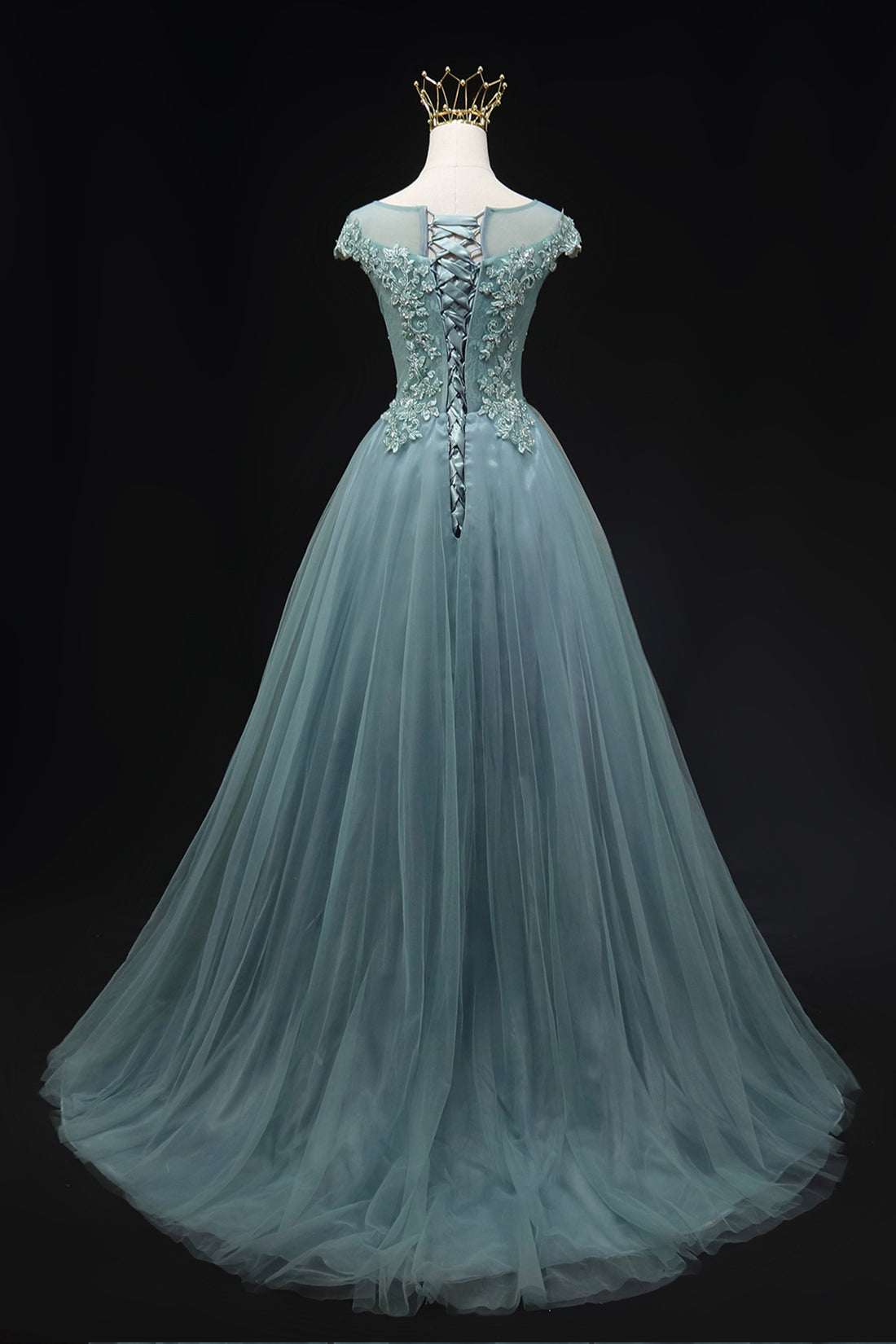 Blue Scoop Neckline Tulle Lace Long Prom Dress, A-Line Evening Party Dress