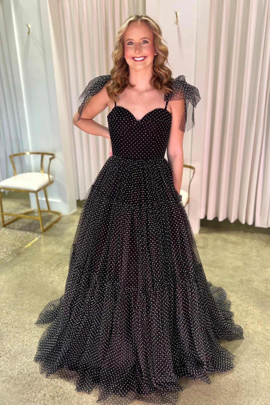 Straps Black A-Line Swiss Dot Tulle Prom Dress with Bow Tie girlideas Straps Black A-Line Swiss Dot Tulle Prom Dress with Bow Tie girlideas
