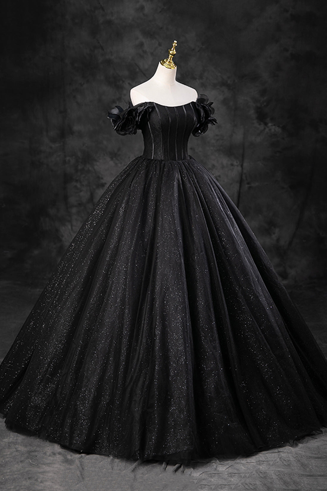Black Shiny Tulle Floor Length A-Line Prom Dress, Off the Shoulder Evening Party Dress