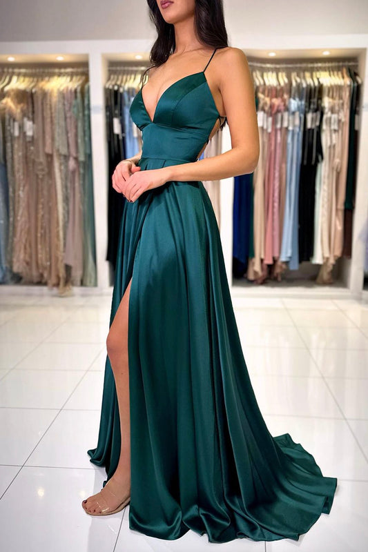 Simple V-Neck Satin Long Prom Dress, Beautiful A-Line Backless Evening Party Dress