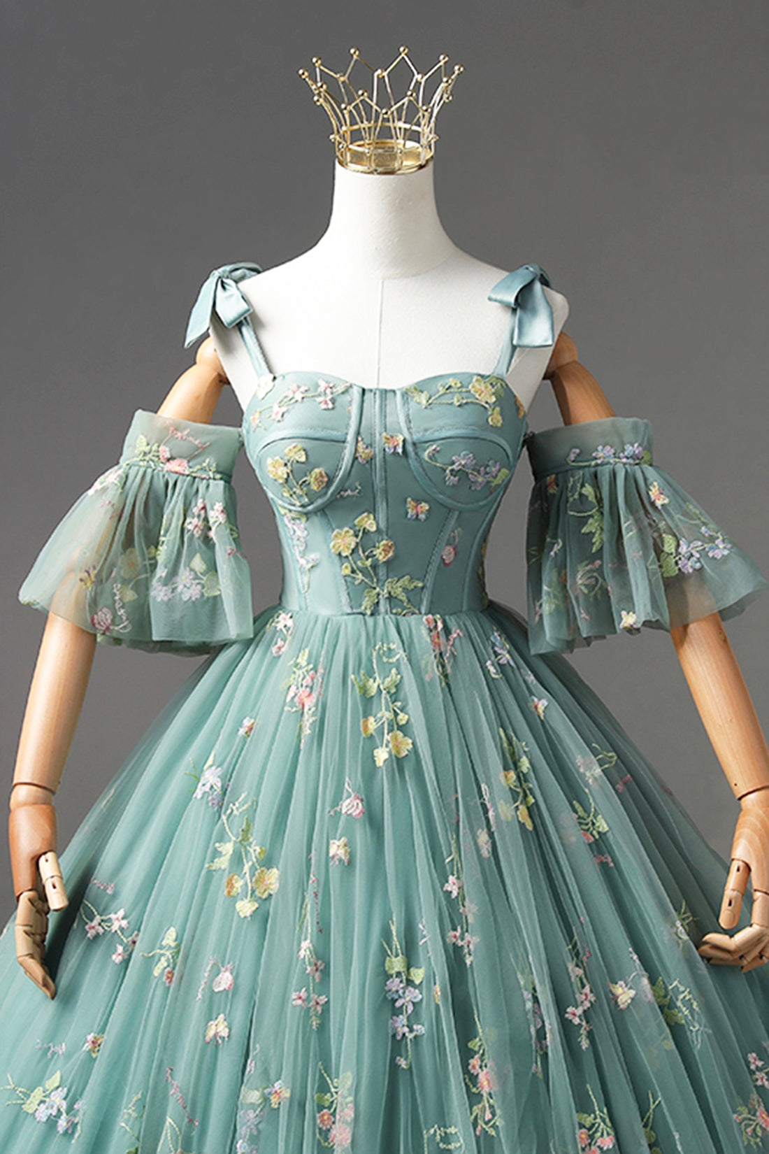 Green Floral Tulle Long Prom Dress, Off Shoulder Evening Party Dress
