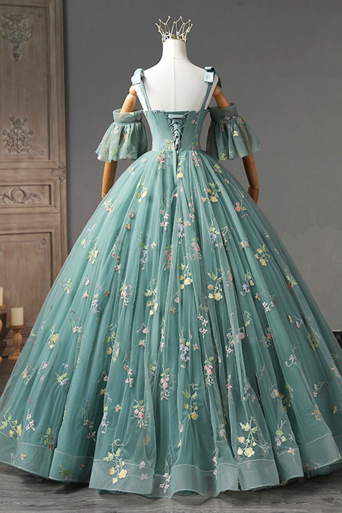 Green Floral Tulle Long Prom Dress, Off Shoulder Evening Party Dress