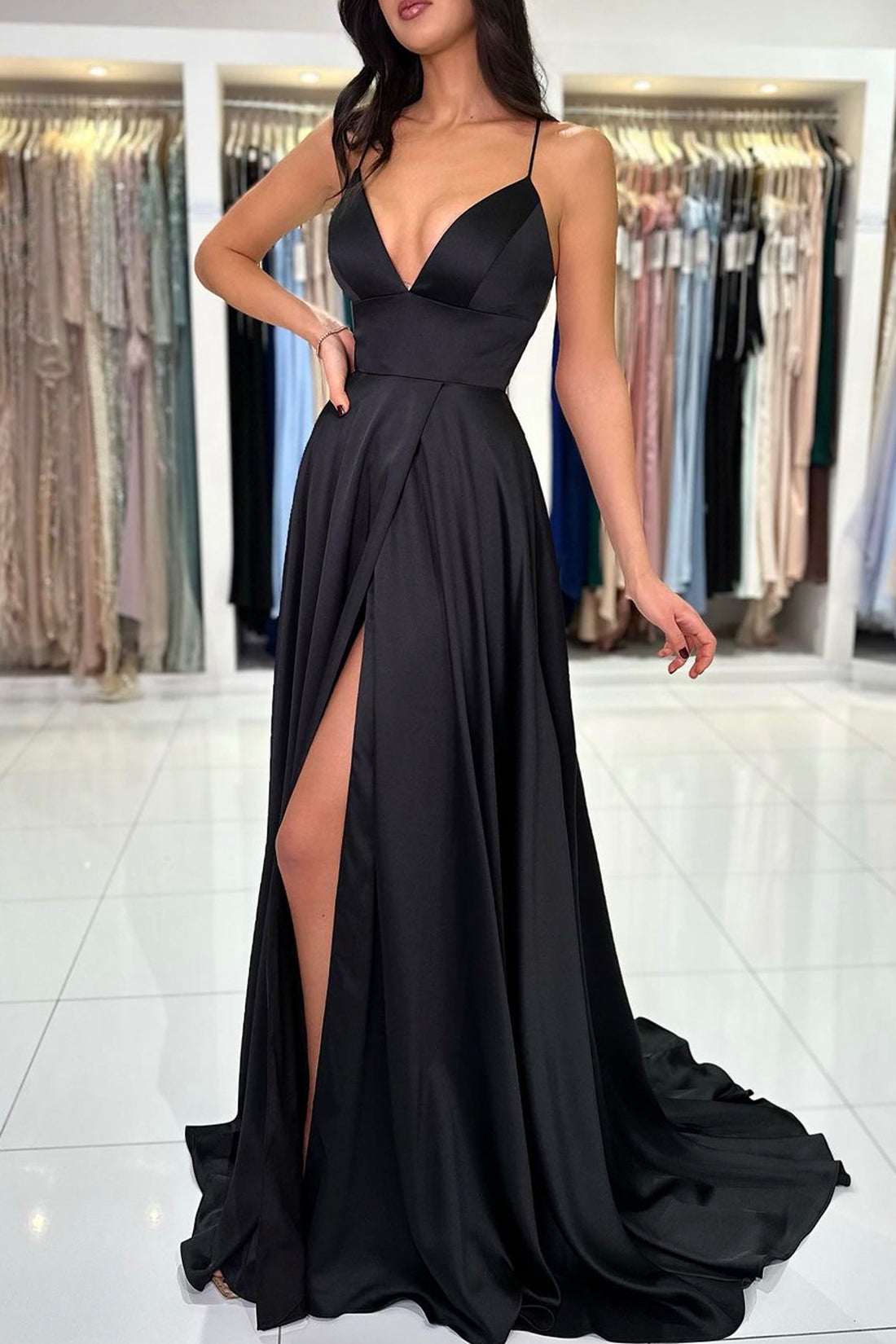 Black V-Neck Satin Long Prom Dress, Beautiful A-Line Backless Evening