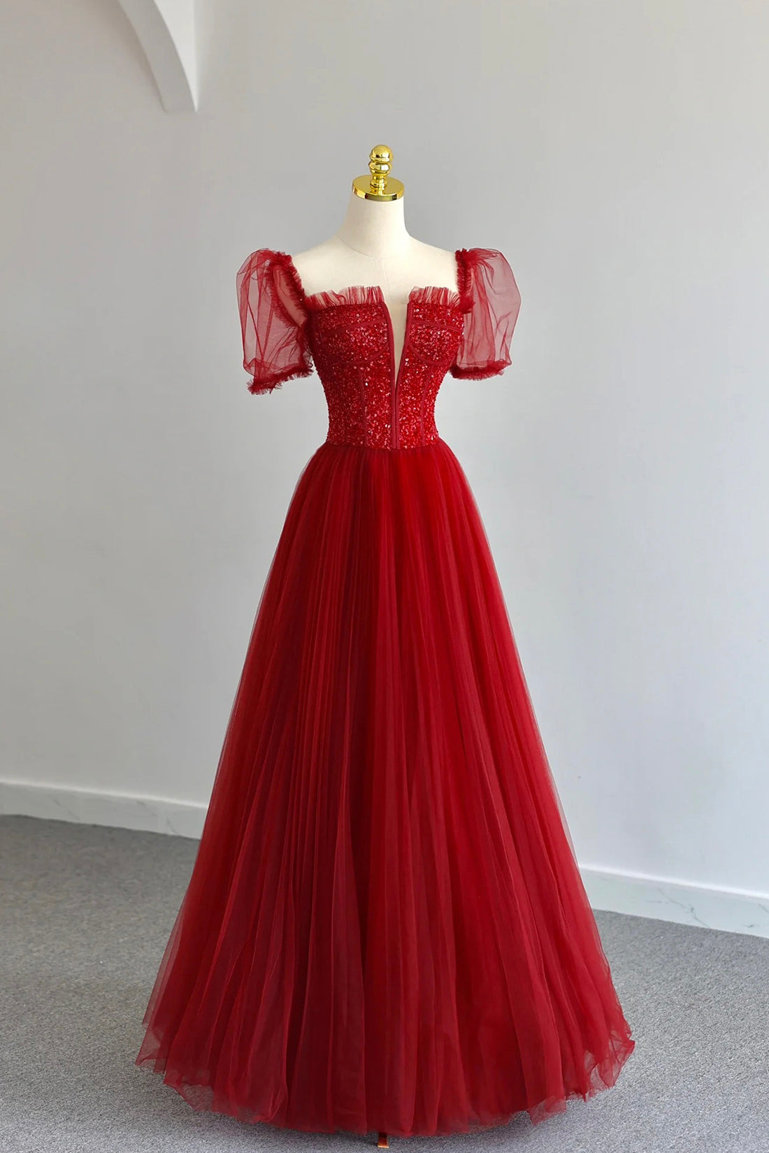 Dark Red Tulle Sequins Long Prom Dress, A-Line Short Sleeve Evening Pa girlideas Dark Red Tulle Sequins Long Prom Dress, A-Line Short Sleeve Evening Pa girlideas