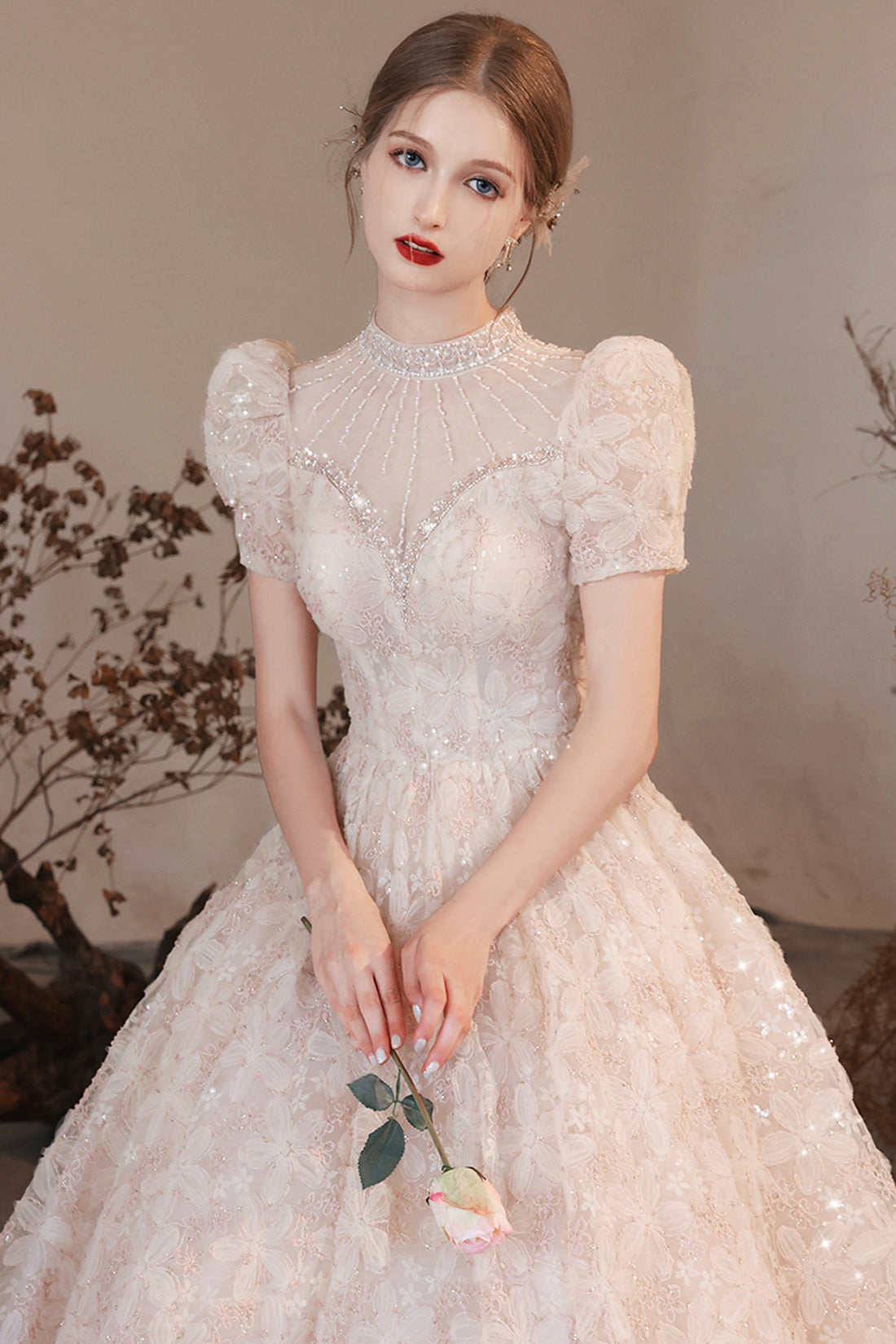 Beautiful High Neck Long A Line Princess Dresses, Cute Short Sleeve Beaded Formal Dresses