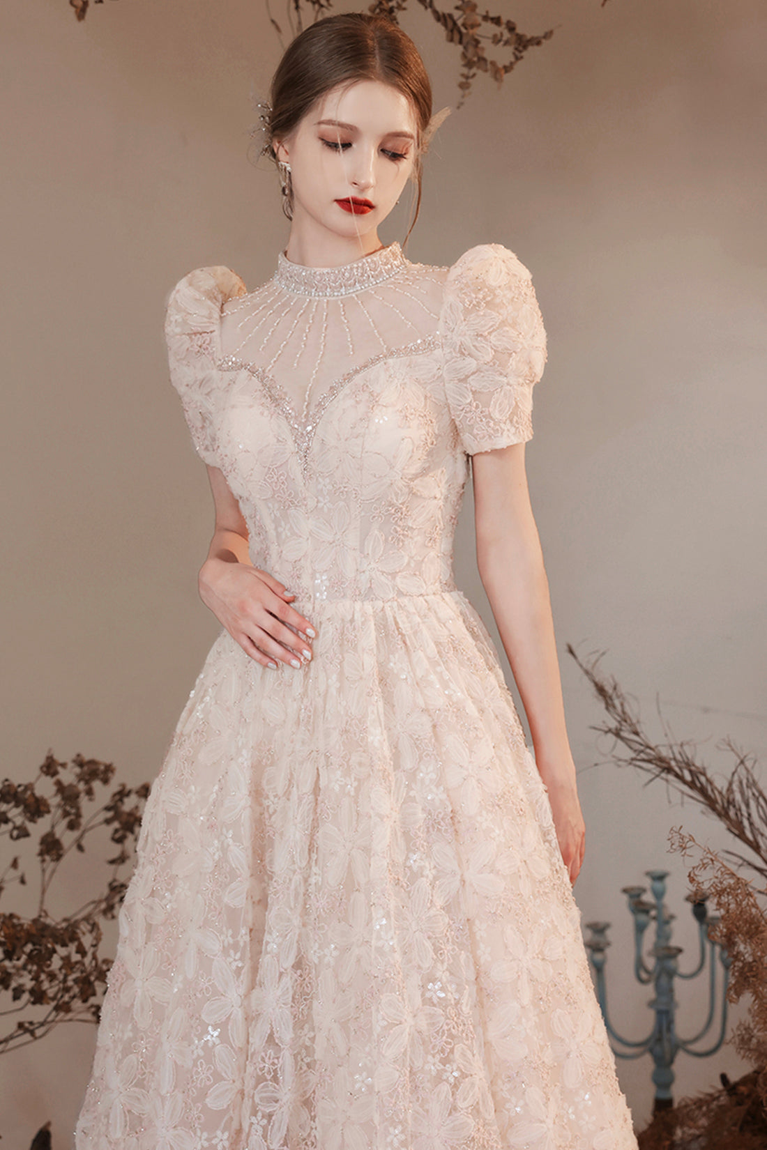 Beautiful High Neck Long A Line Princess Dresses, Cute Short Sleeve Beaded Formal Dresses