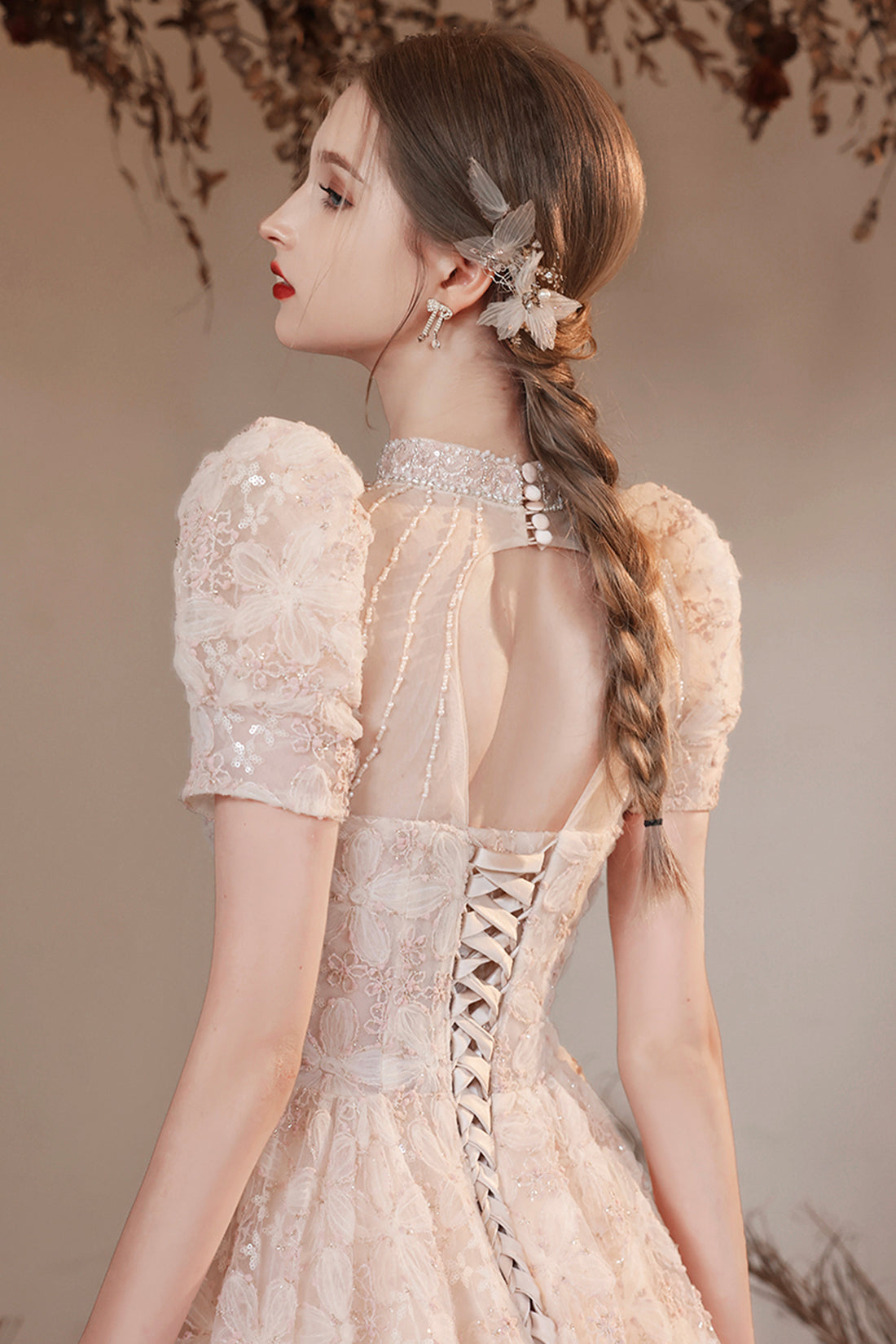 Beautiful High Neck Long A Line Princess Dresses, Cute Short Sleeve Beaded Formal Dresses