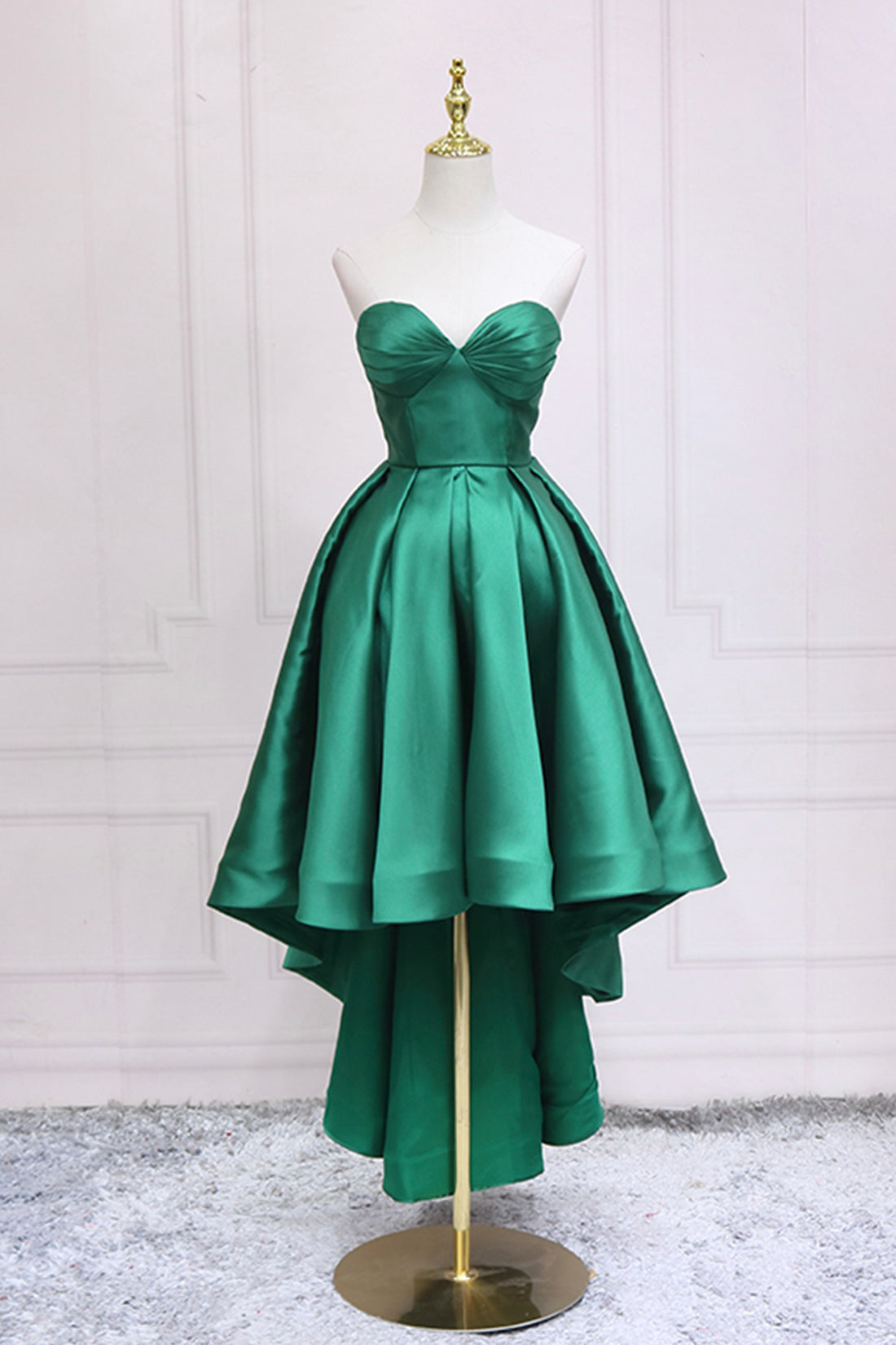 Green Satin High Low Party Dresses, Cute Strapless Green Homecoming Dresses
