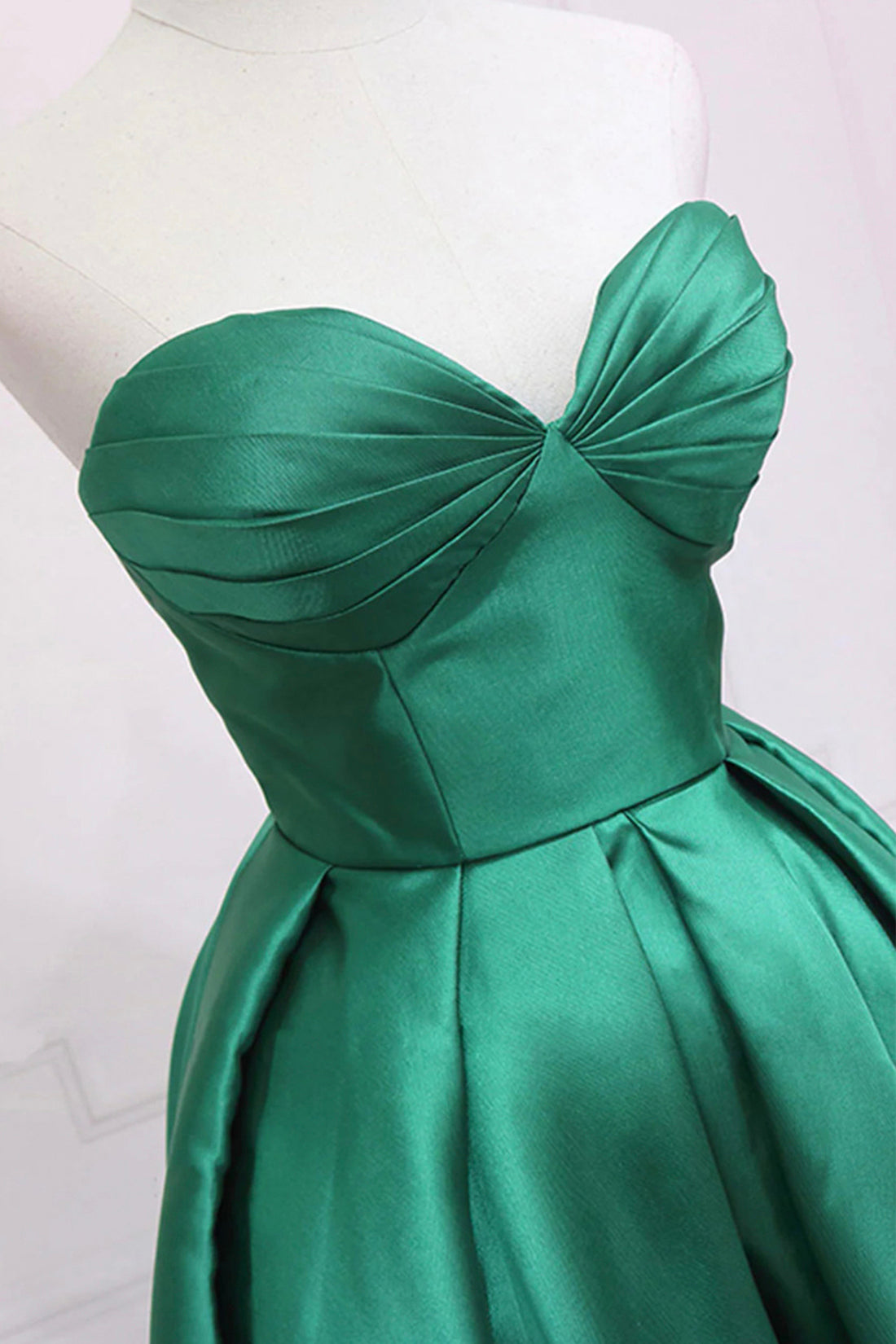 Green Satin High Low Party Dresses, Cute Strapless Green Homecoming Dresses