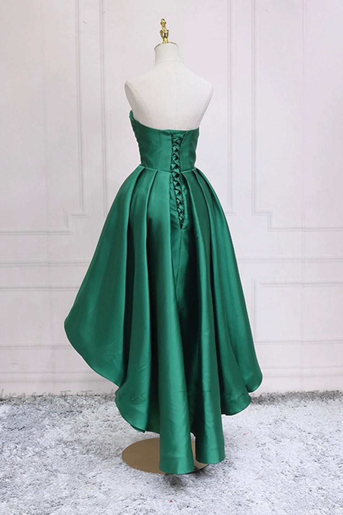 Green Satin High Low Party Dresses, Cute Strapless Green Homecoming Dresses