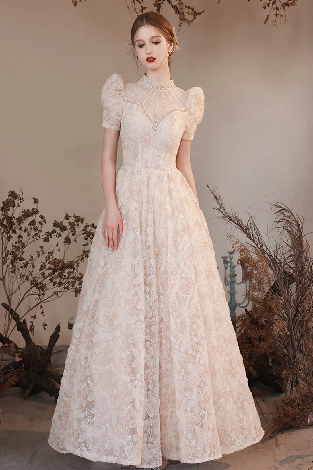 Beautiful High Neck Long A Line Princess Dresses, Cute Short Sleeve Beaded Formal Dresses