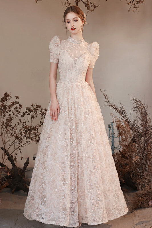 Beautiful High Neck Long A Line Princess Dresses, Cute Short Sleeve Beaded Formal Dresses