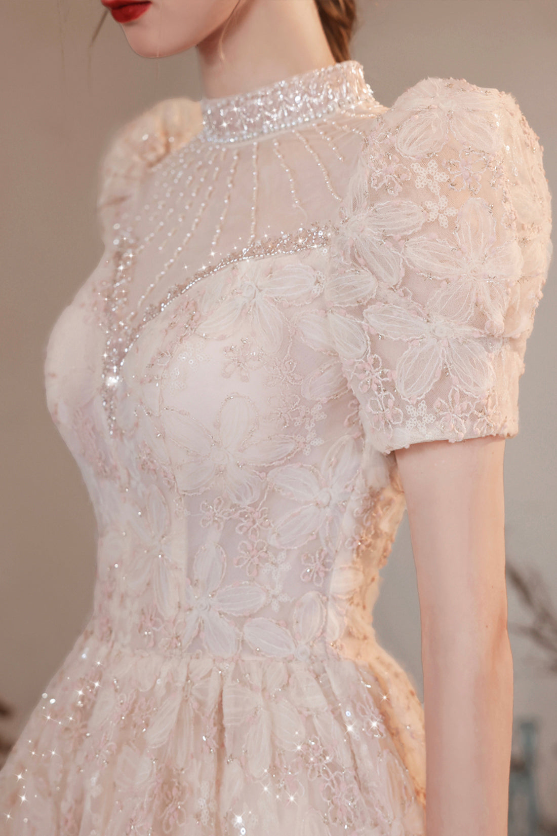 Beautiful High Neck Long A Line Princess Dresses, Cute Short Sleeve Beaded Formal Dresses