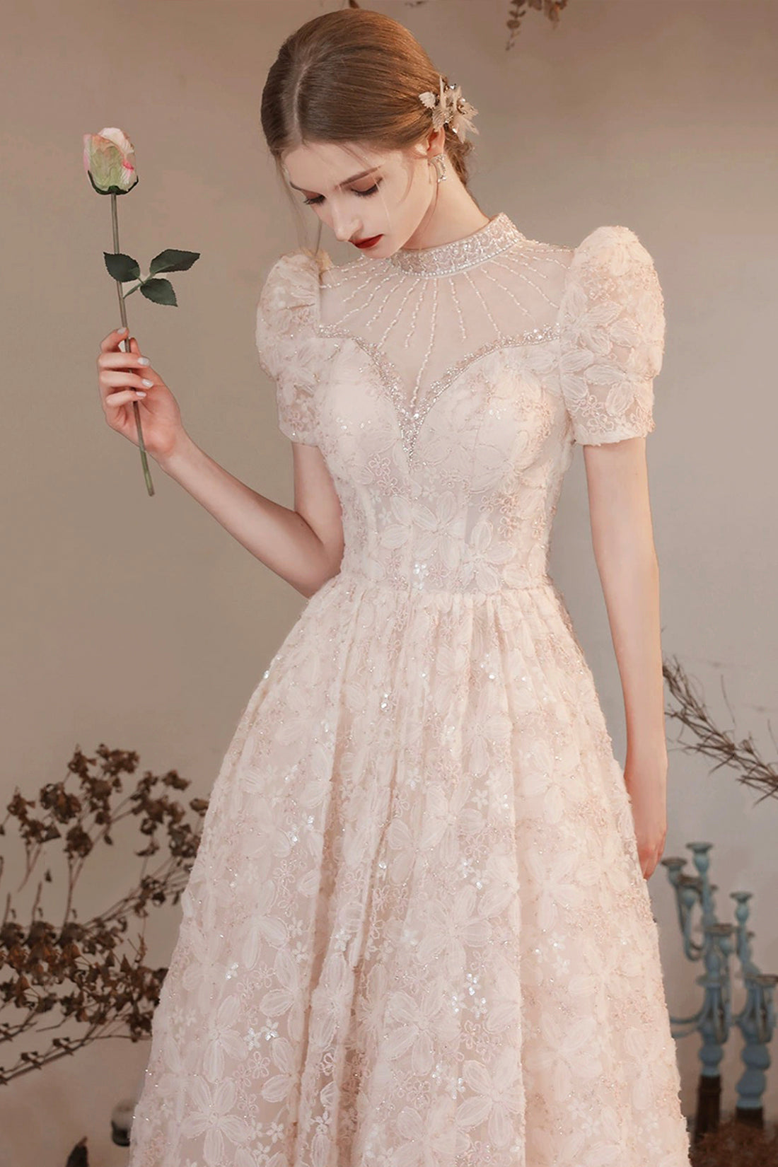 Beautiful High Neck Long A Line Princess Dresses, Cute Short Sleeve Beaded Formal Dresses