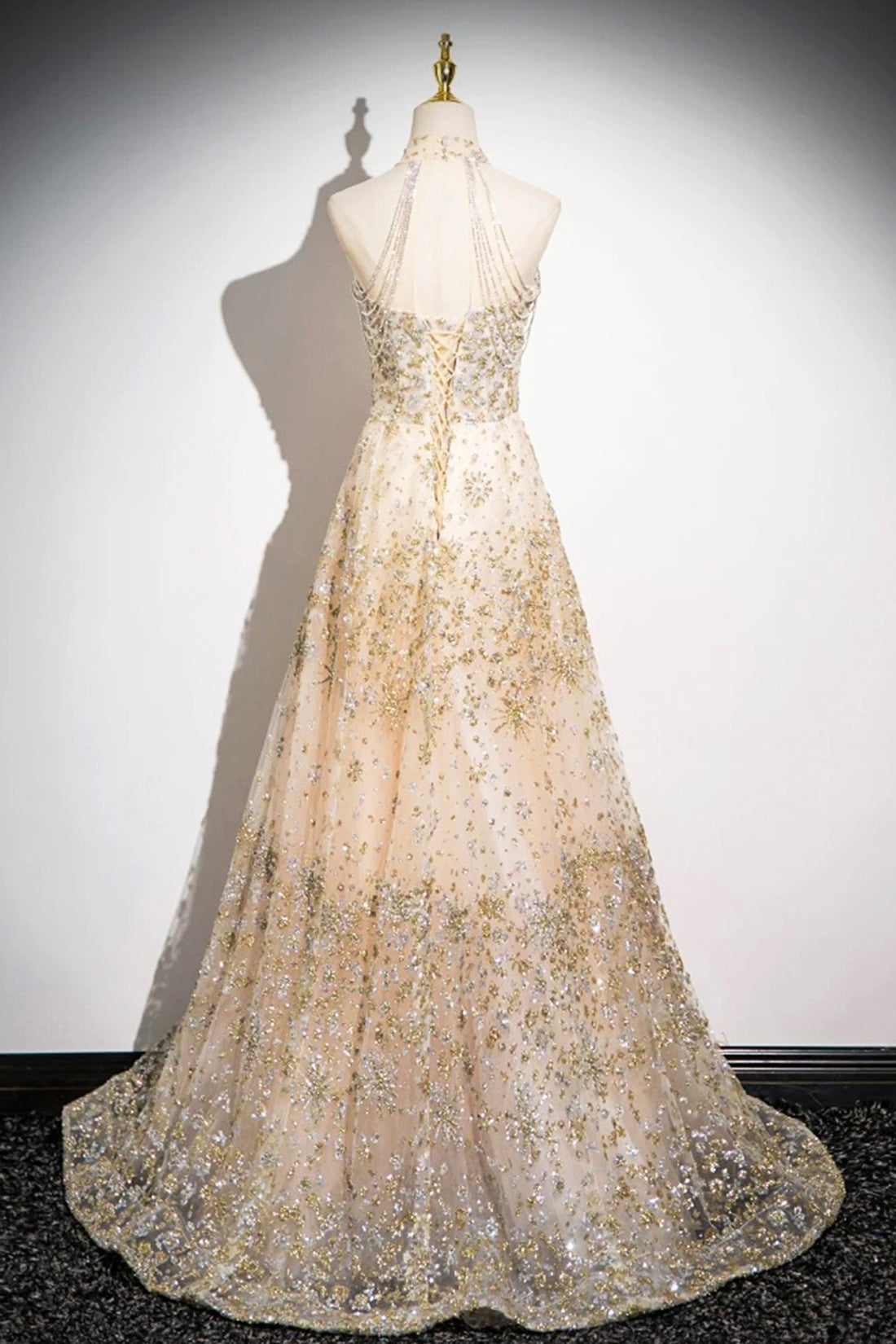 Champagne Tulle Sequins Long Prom Dress, Champagne A-Line Formal Evening Dress