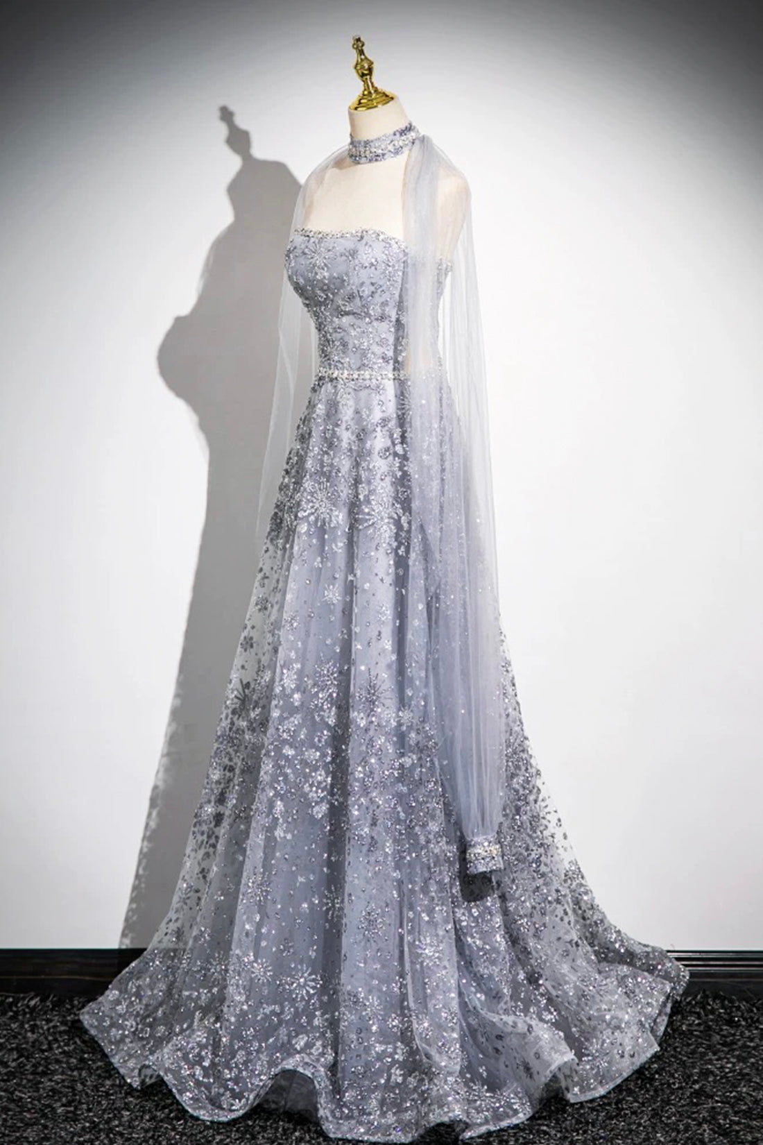 Gray Tulle Sequins Long Prom Dress, Gray A-Line Formal Evening Dress
