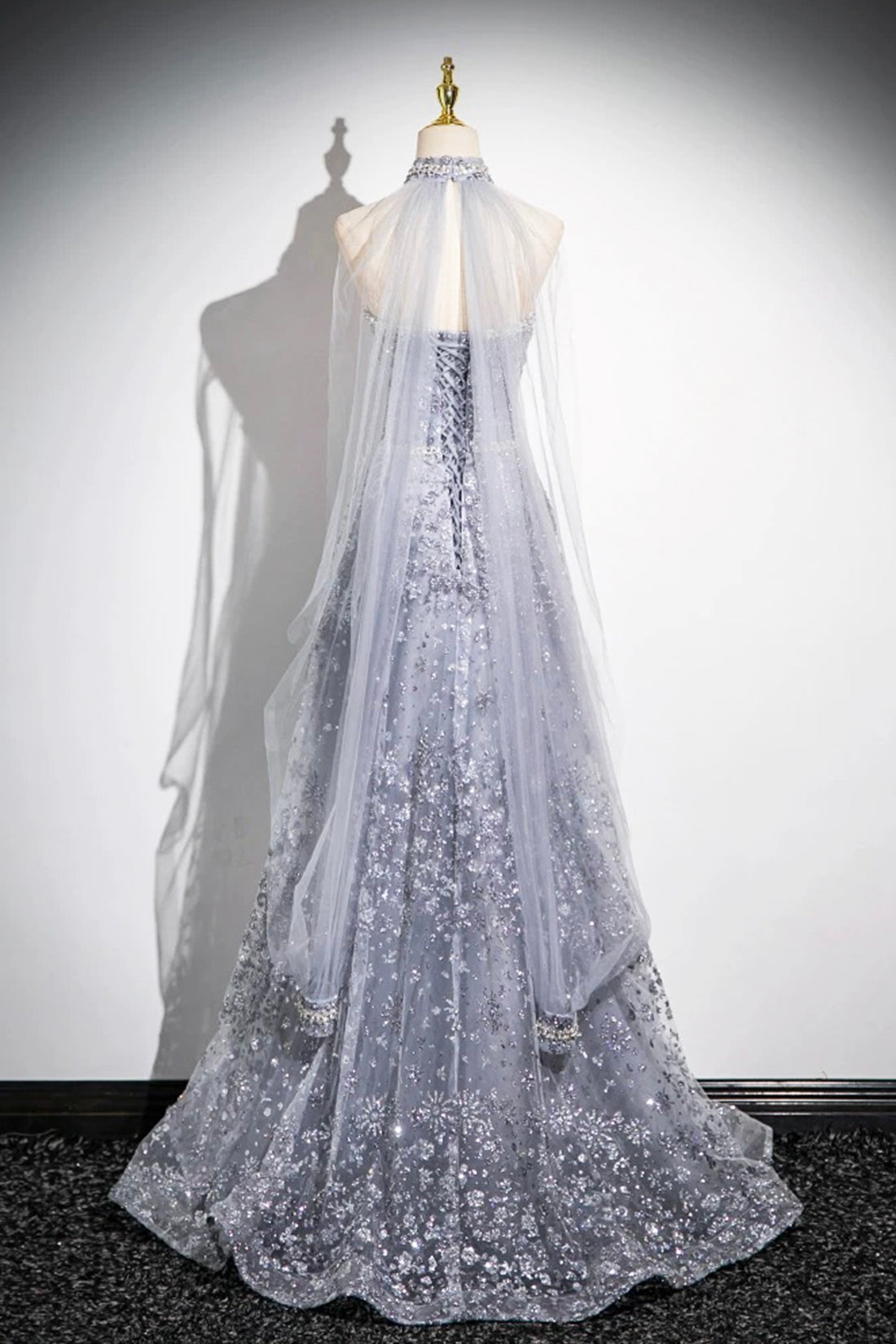 Gray Tulle Sequins Long Prom Dress, Gray A-Line Formal Evening Dress