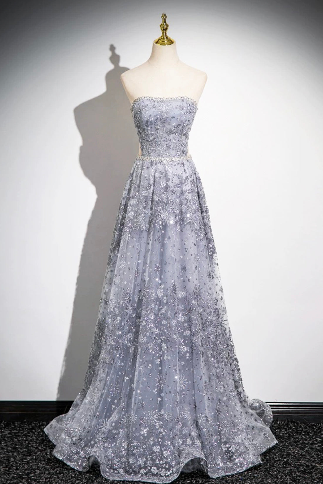 Gray Tulle Sequins Long Prom Dress, Gray A-Line Formal Evening Dress