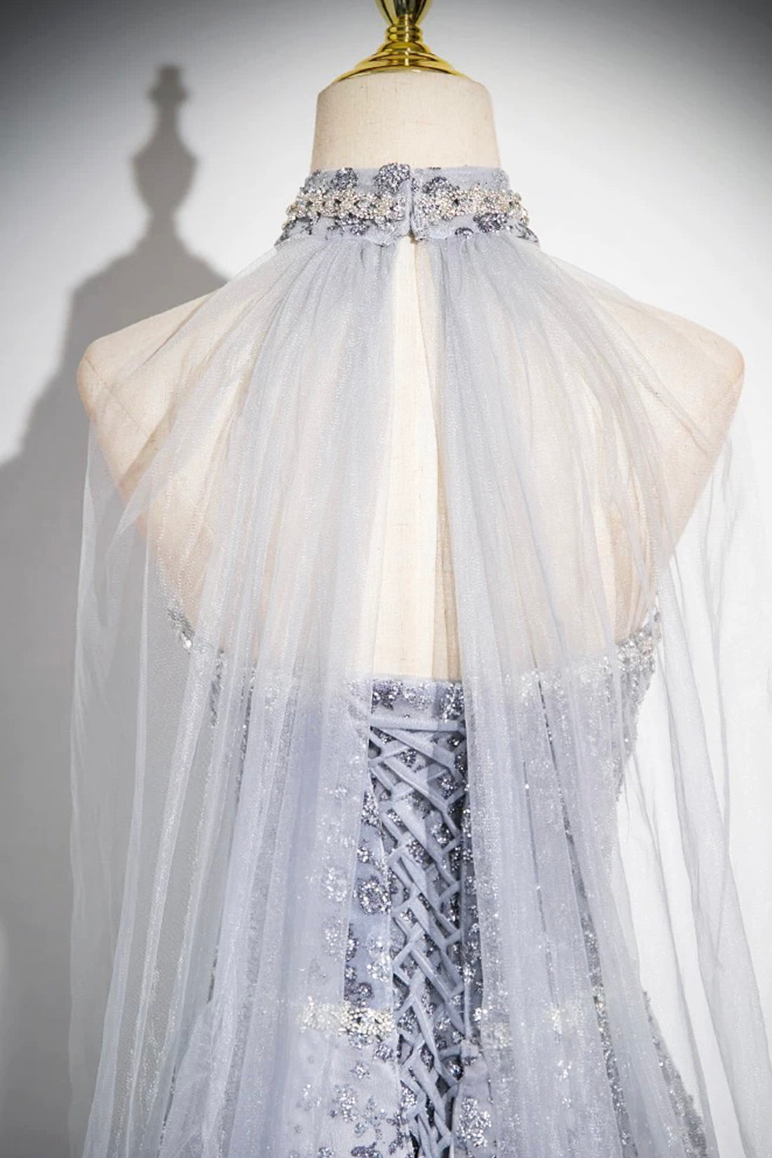 Gray Tulle Sequins Long Prom Dress, Gray A-Line Formal Evening Dress