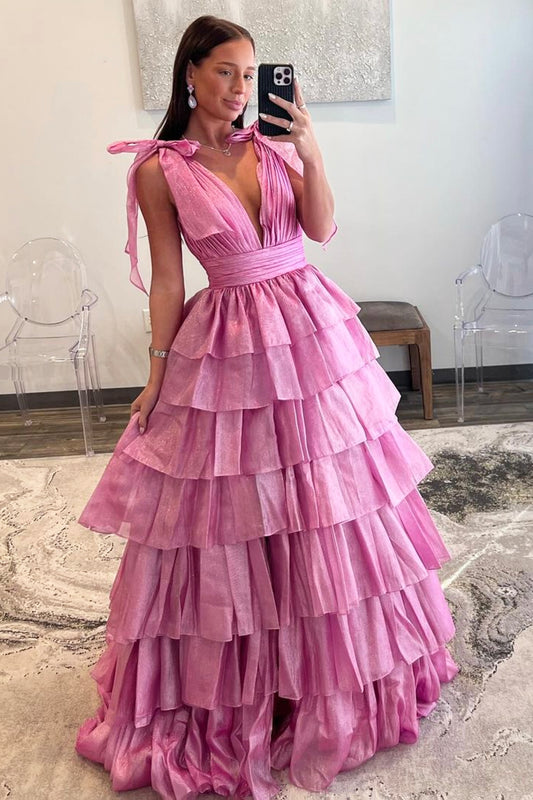 Pink V-Neck Tulle Long Prom Dress, Beautiful Backless Evening Party Dress