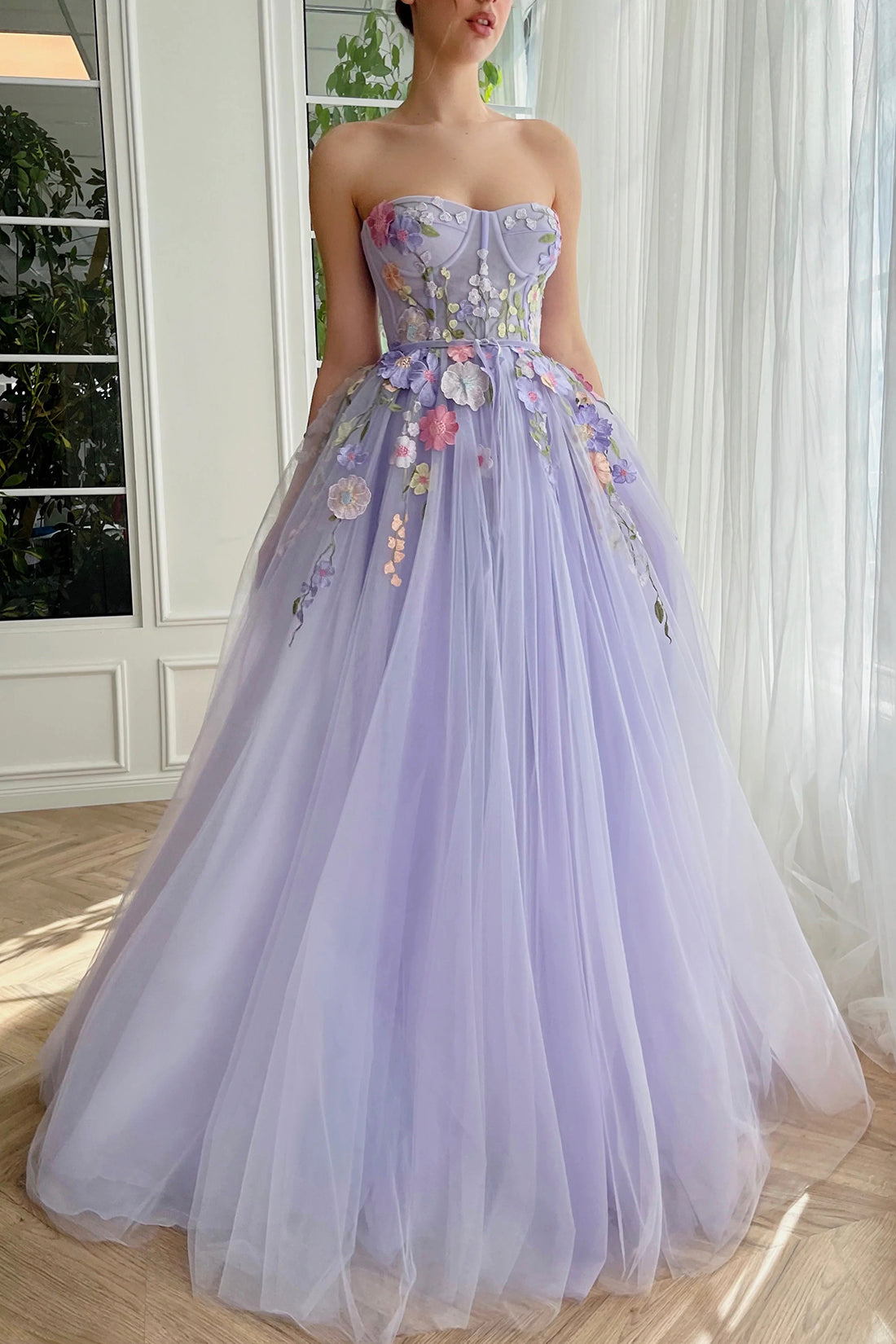 Strapless Lilac A-Line Floor Length Party Dress with 3D Flowers
