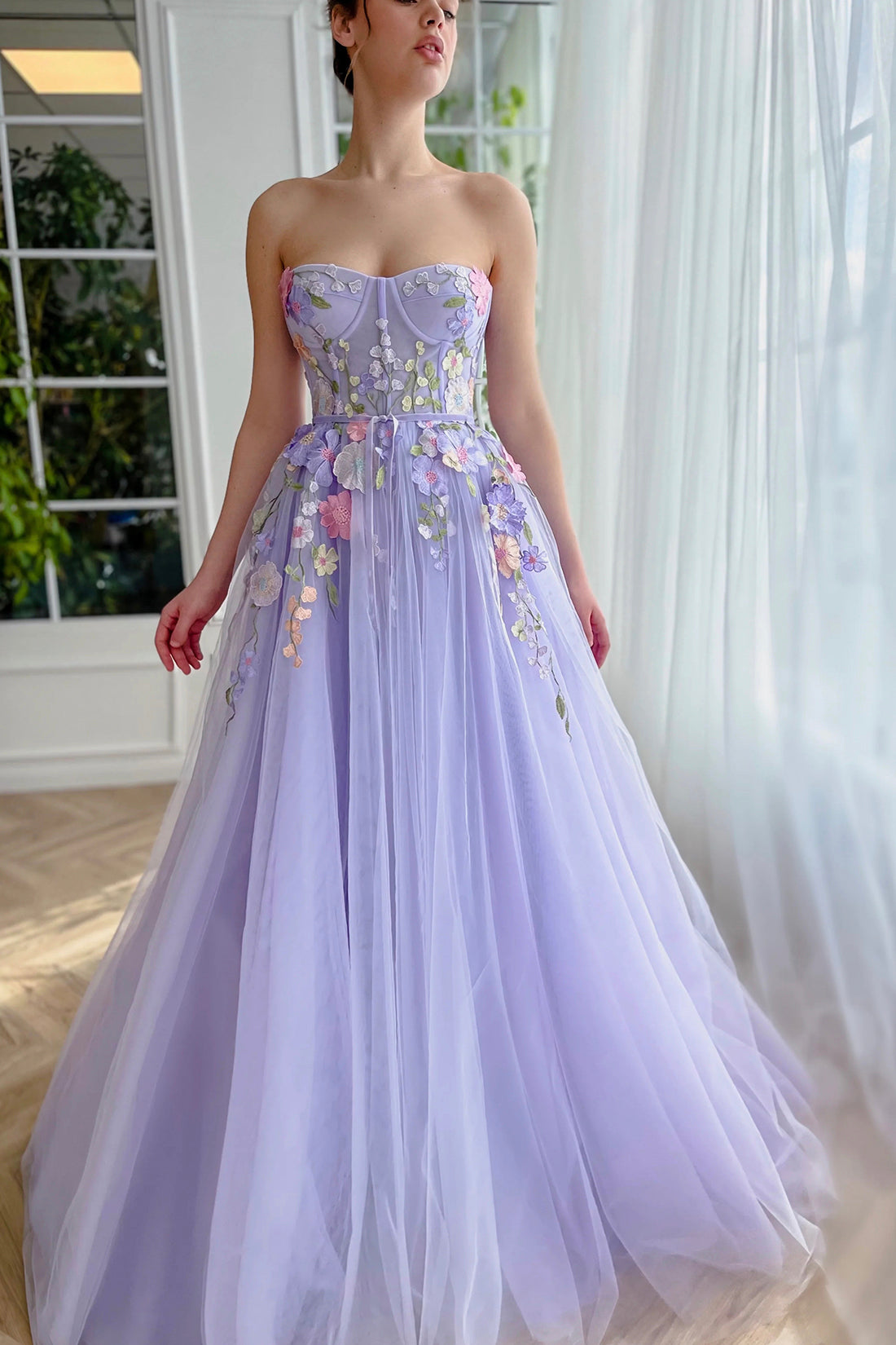 Strapless Lilac A-Line Floor Length Party Dress with 3D Flowers