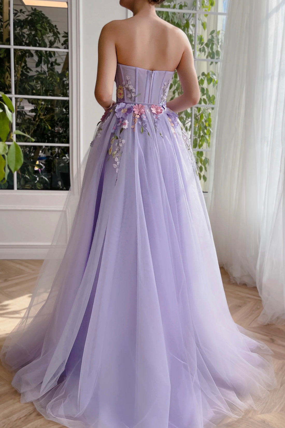 Strapless Lilac A-Line Floor Length Party Dress with 3D Flowers