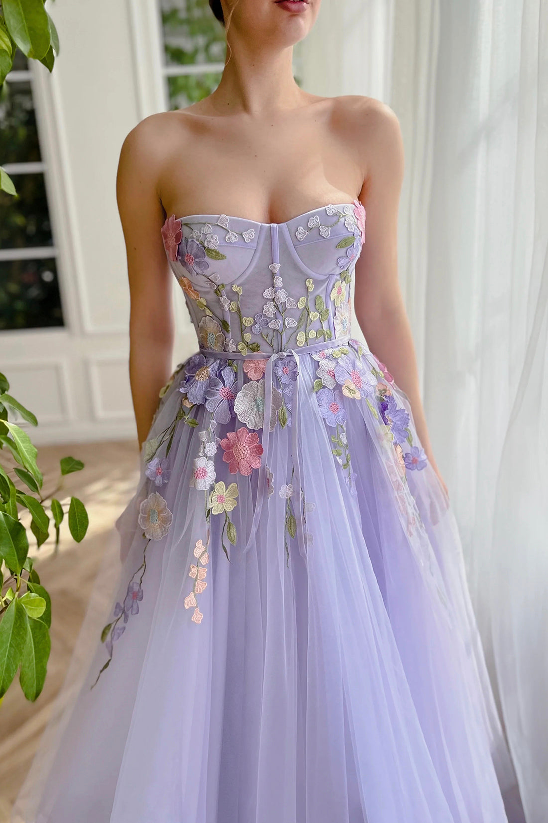 Strapless Lilac A-Line Floor Length Party Dress with 3D Flowers