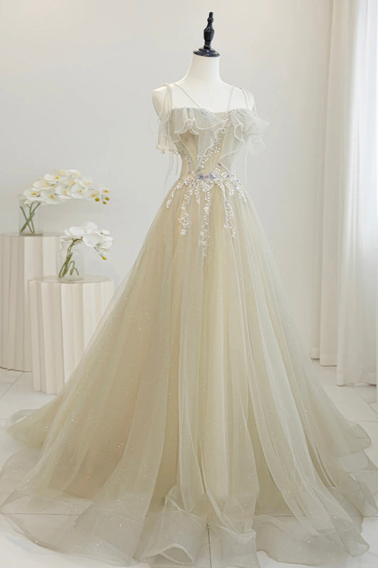 A-Line Spaghetti Strap Tulle Floor Length Prom Dress, Beautiful Light Green Evening Party Dress