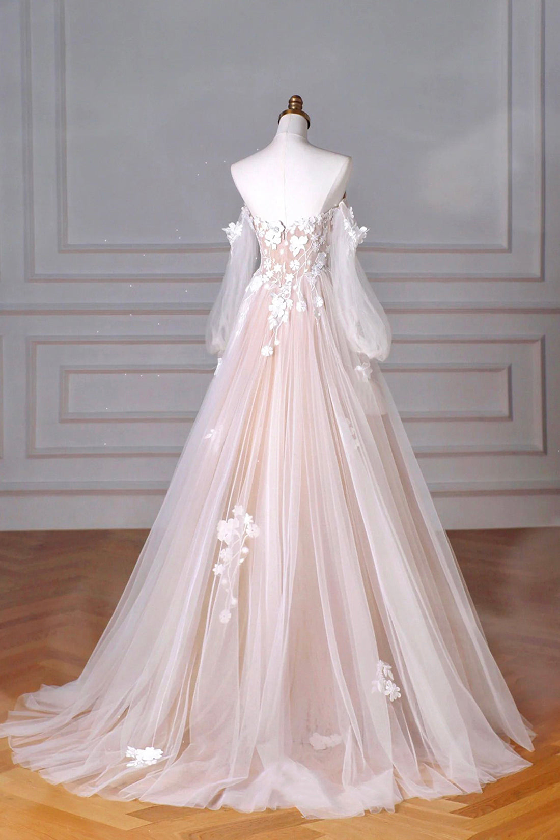 Champagne Tulle Lace Floor Length Prom Dress, Off the Shoulder Long Sleeve Evening Party Dress