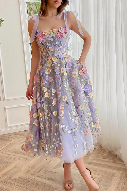 Beautiful A-Line Lilac Tea Length Party Dress with 3D Flowers