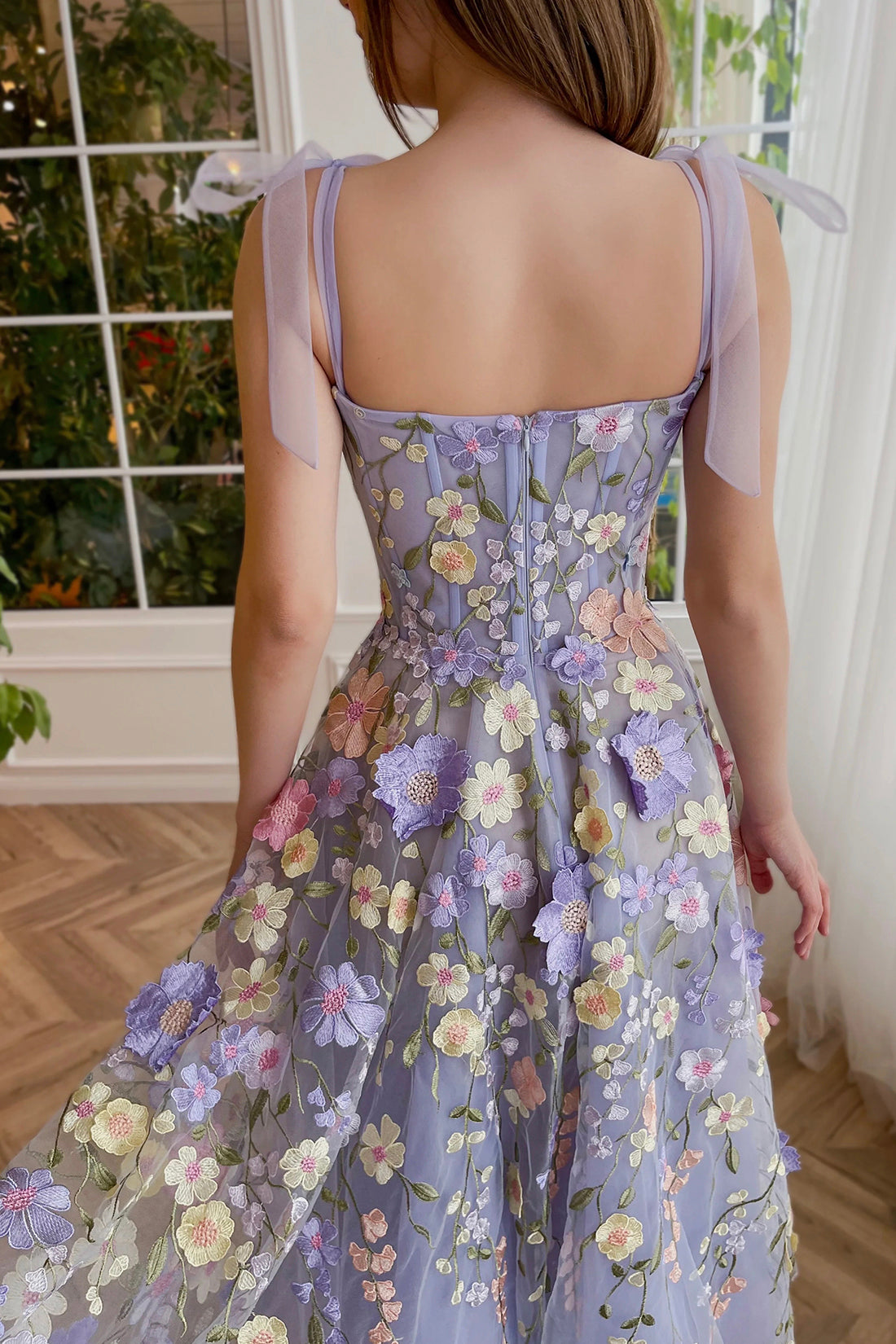 Beautiful A-Line Lilac Tea Length Party Dress with 3D Flowers