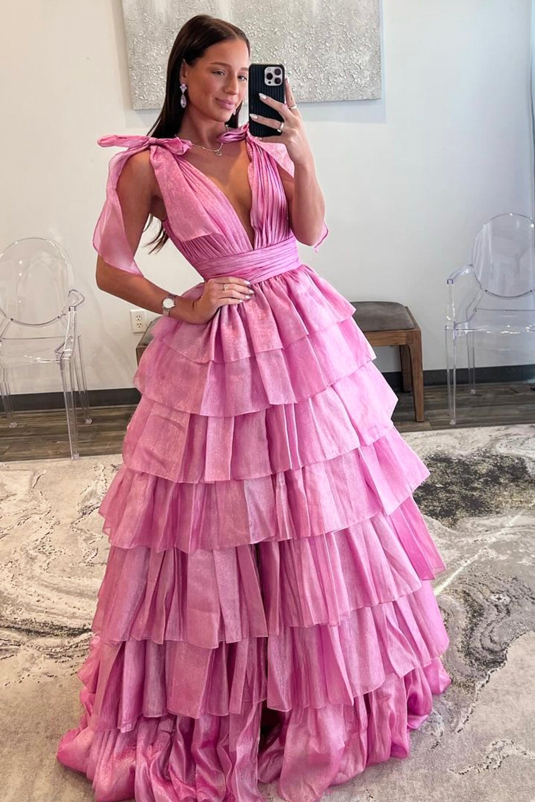 Pink V-Neck Tulle Long Prom Dress, Beautiful Backless Evening Party Dress