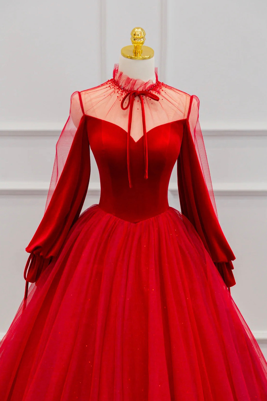 Red Velvet Tulle Long Prom Dress, Long Sleeve Evening Party Dress