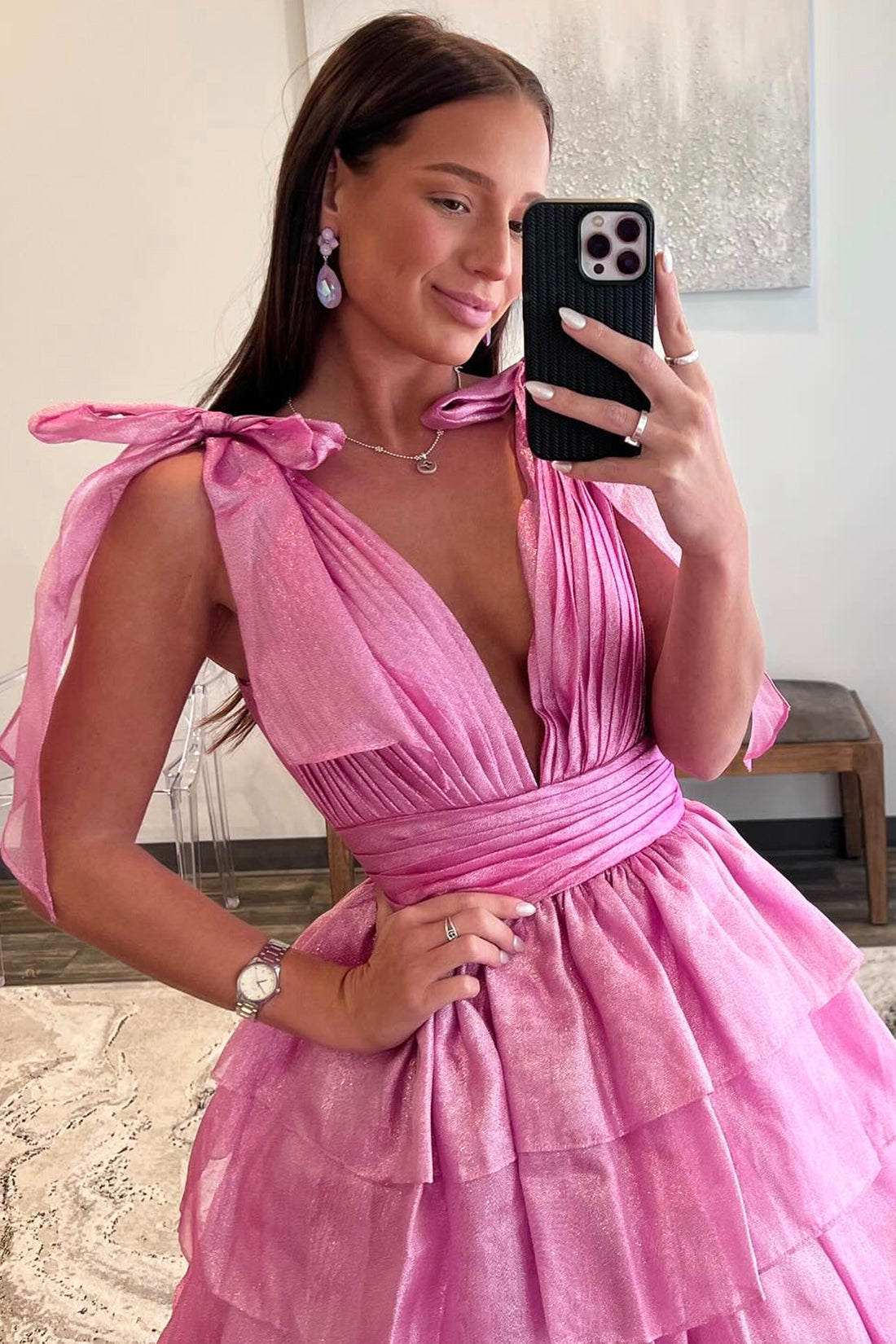 Pink V-Neck Tulle Long Prom Dress, Beautiful Backless Evening Party Dress