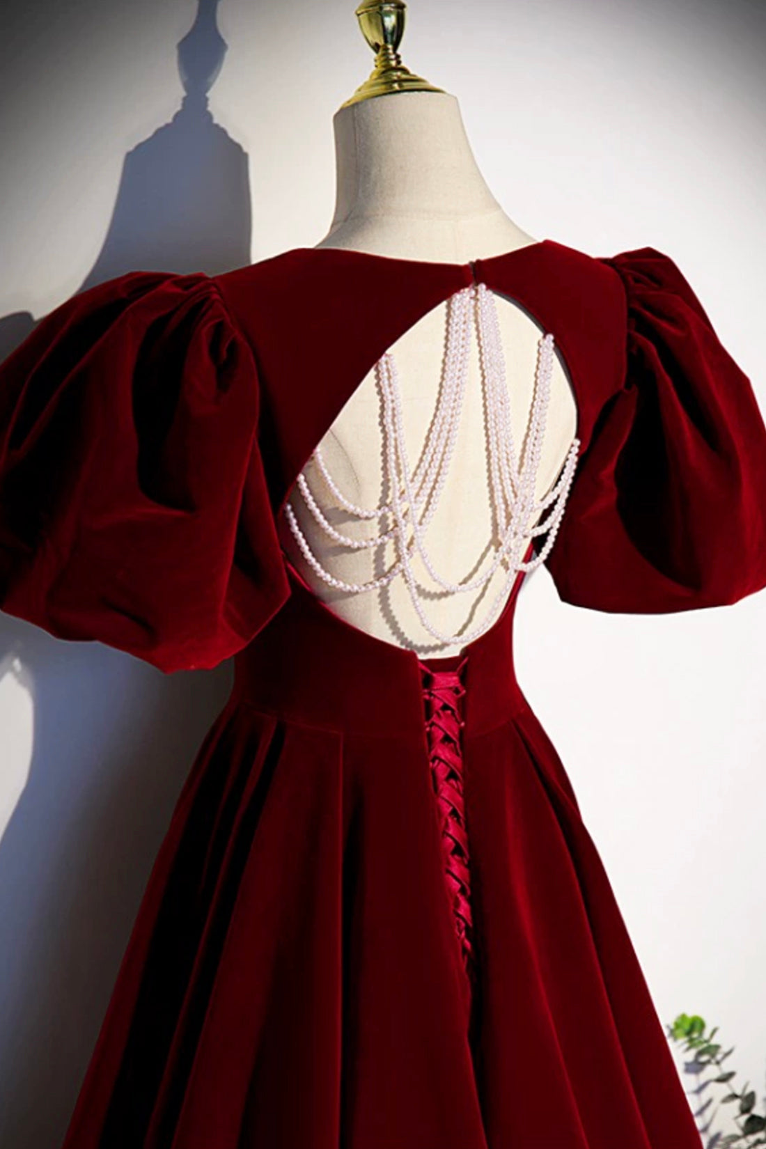 Burgundy Velvet Long Prom Dress, A-Line Backless Evening Party Dress