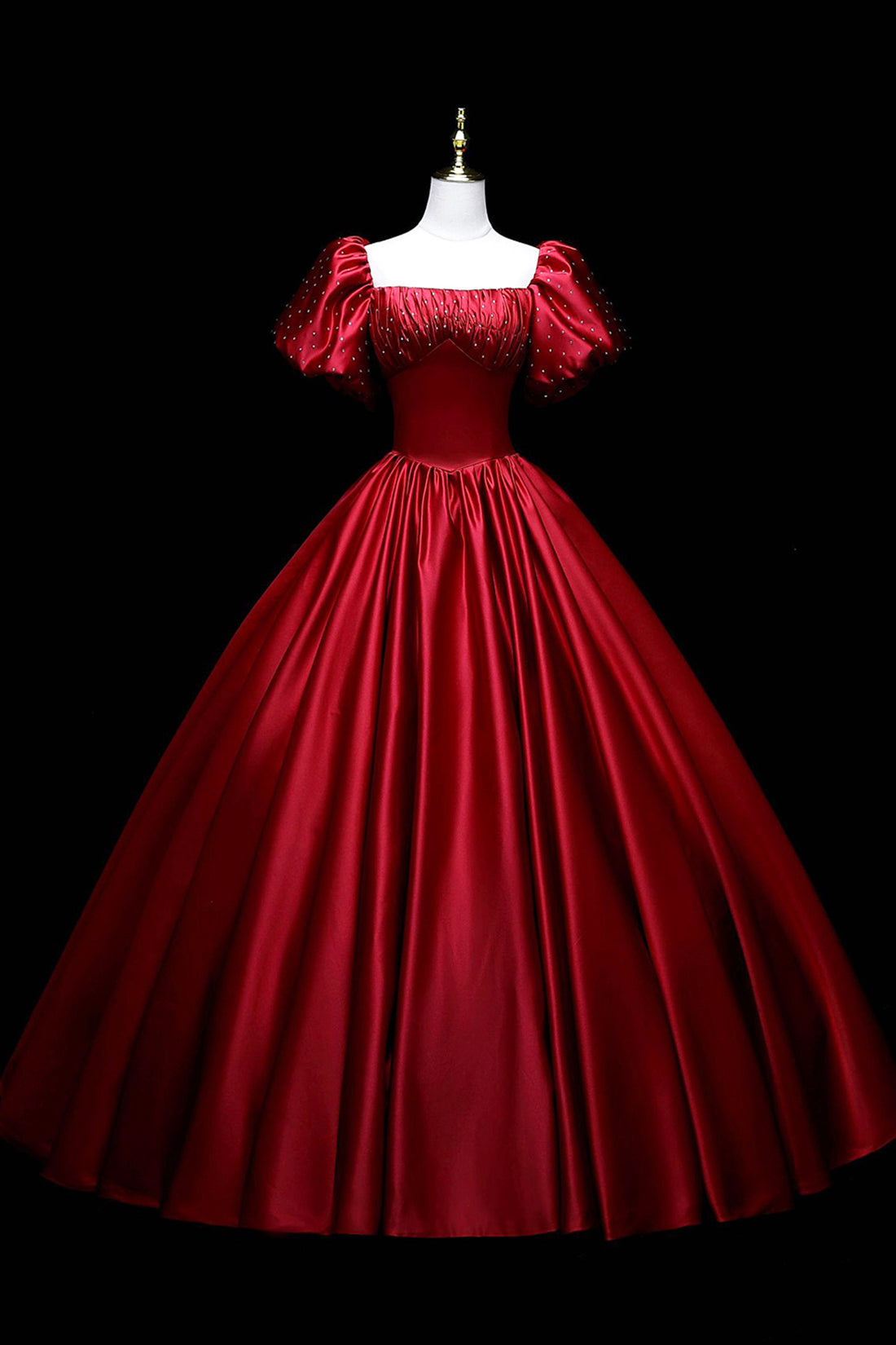 Burgundy Satin Long A-Line Formal Dress, Beautiful Short Sleeve Evening Party Gown