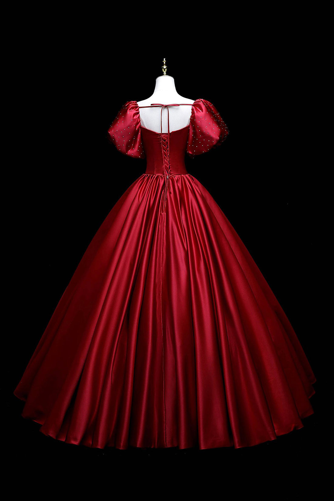 Burgundy Satin Long A-Line Formal Dress, Beautiful Short Sleeve Evening Party Gown