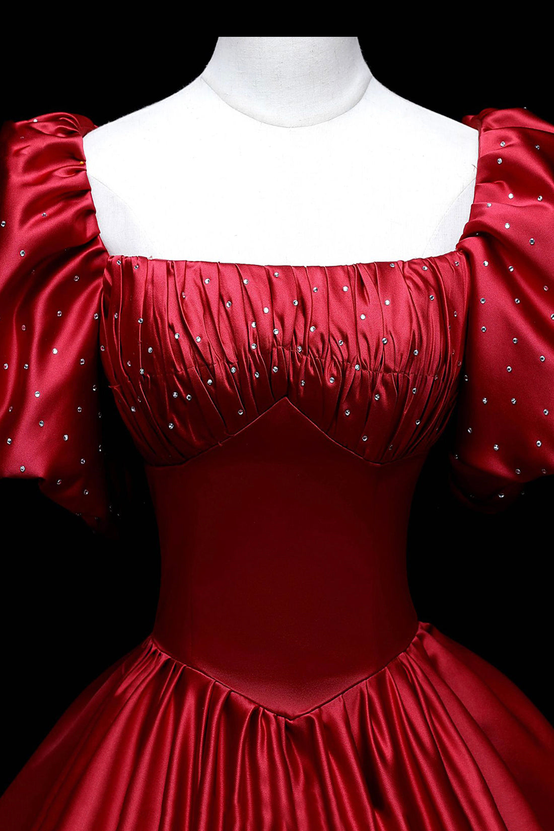 Burgundy Satin Long A-Line Formal Dress, Beautiful Short Sleeve Evening Party Gown