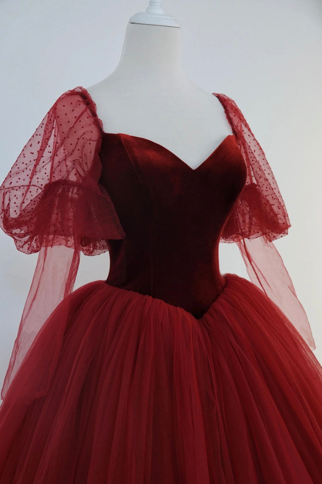 Burgundy Velvet Tulle Long Prom Dress, A-Line Long Sleeve Tulle Formal Evening Dress