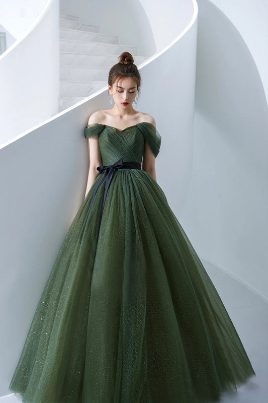 Beautiful A-Line Green Tulle Long Prom Dress, Off the Shoulder Evening Party Dress