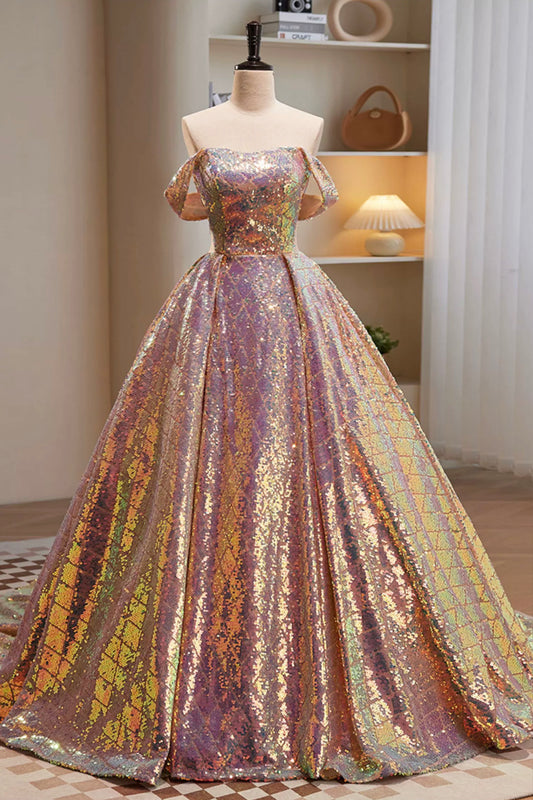 Shiny Sequins Long Prom Dress, Off the Shoulder Evening Party Dress