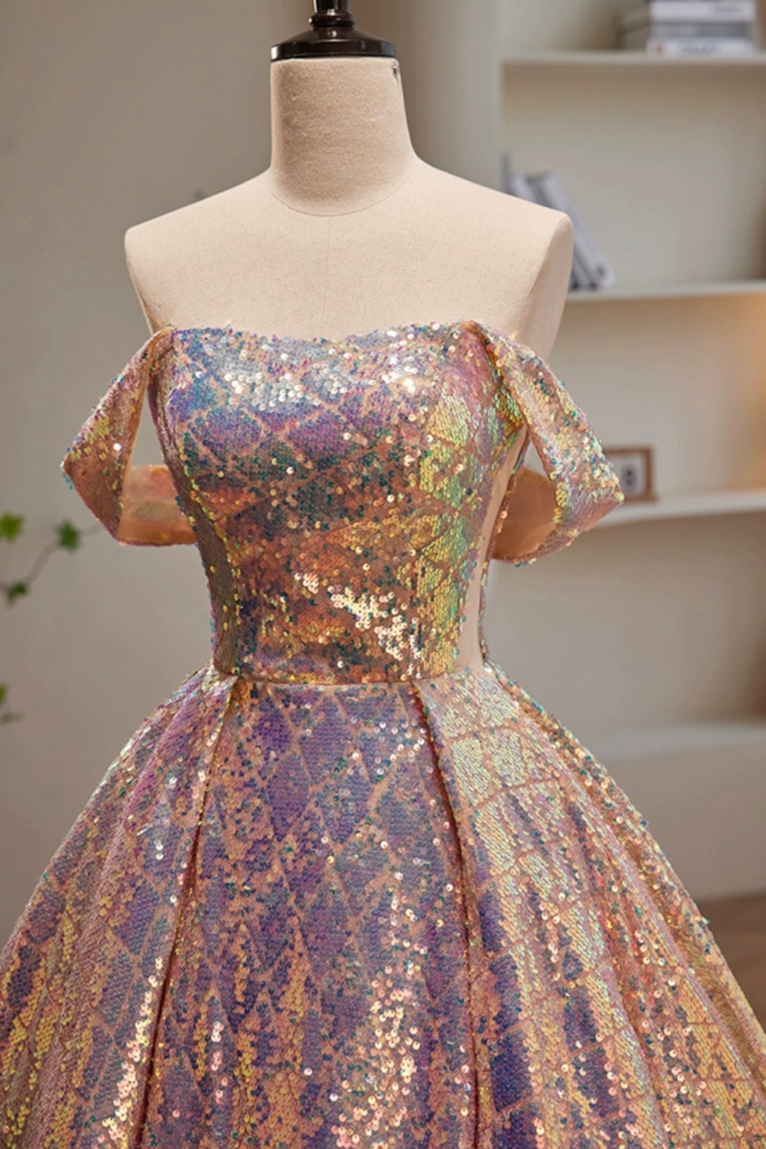 Shiny Sequins Long Prom Dress, Off the Shoulder Evening Party Dress