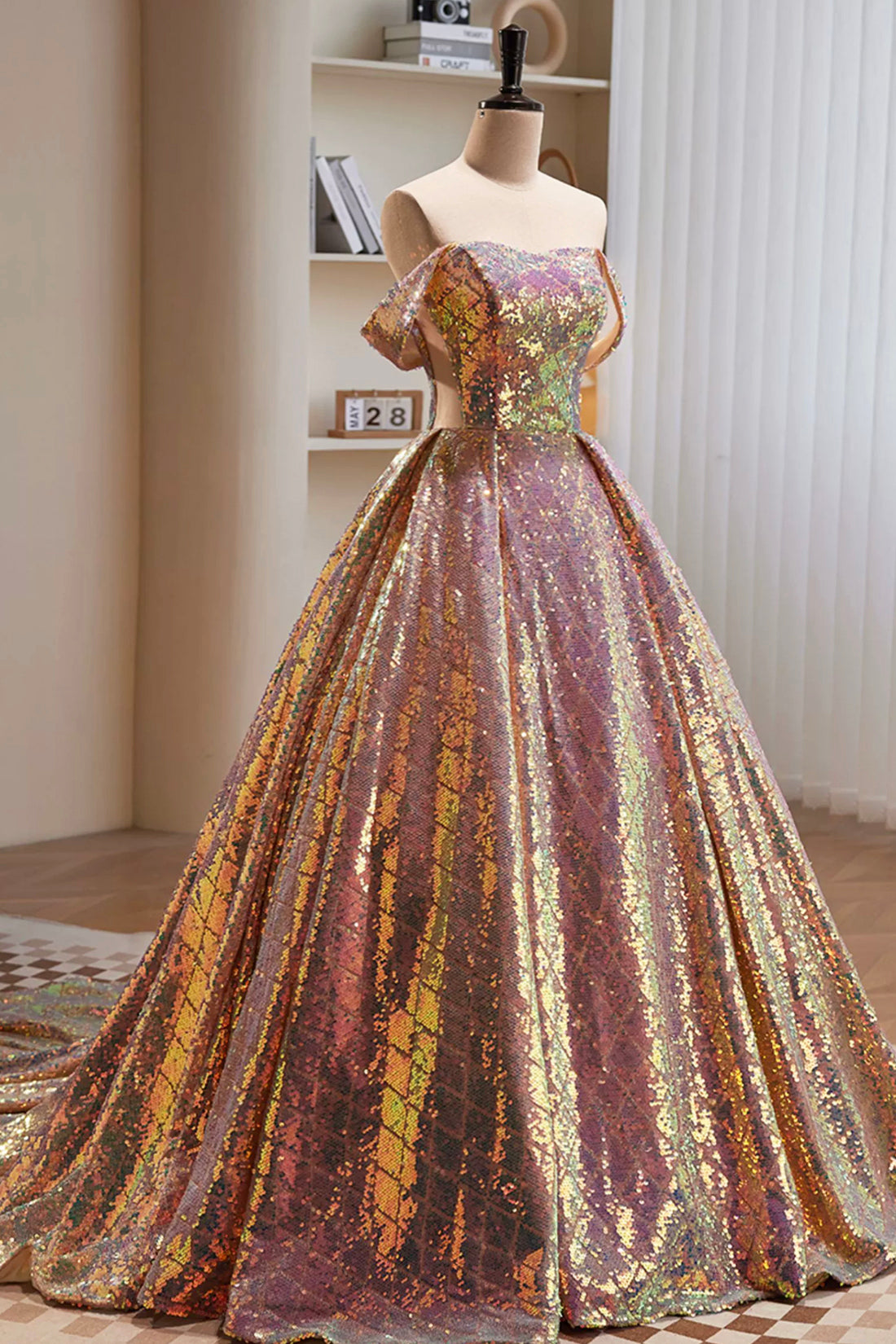 Shiny Sequins Long Prom Dress, Off the Shoulder Evening Party Dress