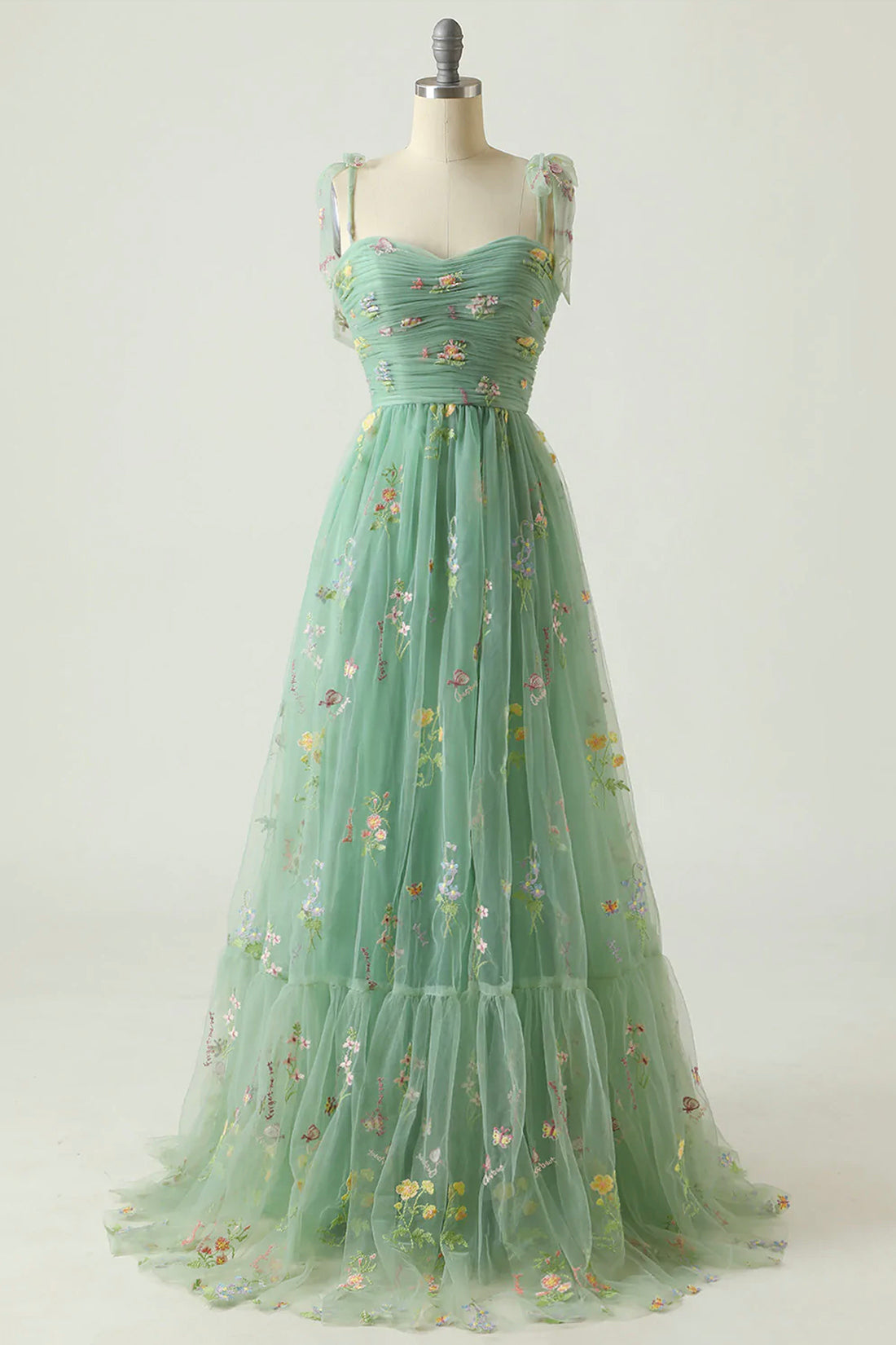 Green Floral Tulle Long Prom Dress, Beautiful Tulle Evening Party Dress