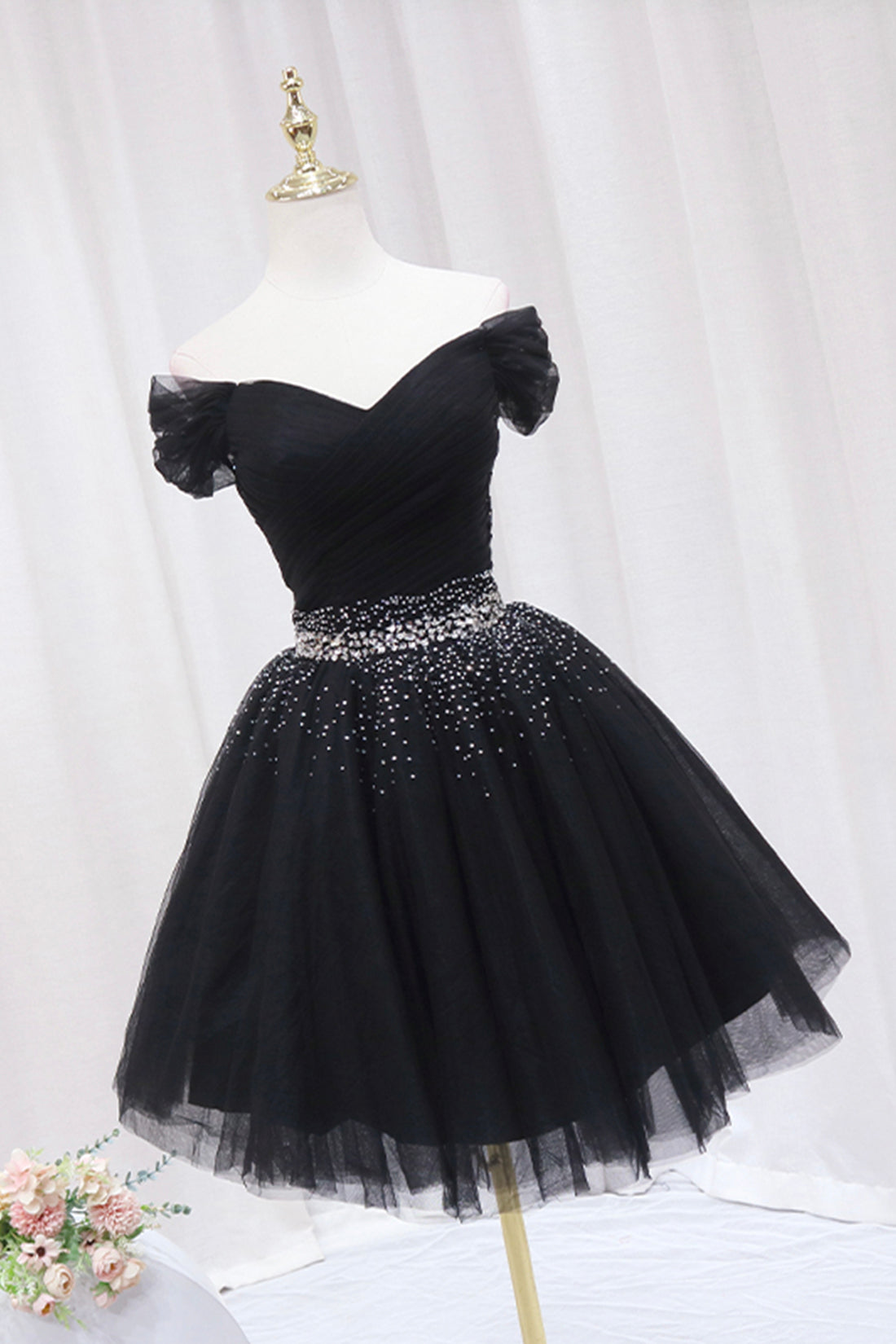 Black Tulle Beaded Short Prom Dress, Black Off Shoulder Evening Party Dress