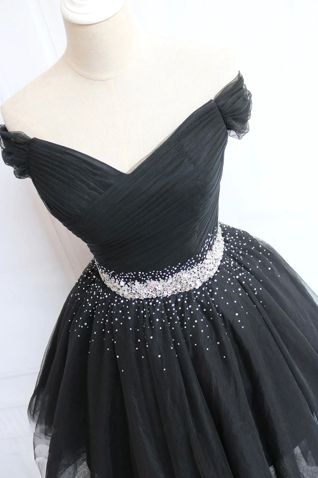 Black Tulle Beaded Short Prom Dress, Black Off Shoulder Evening Party Dress