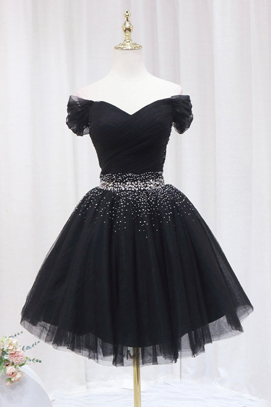 Black Tulle Beaded Short Prom Dress, Black Off Shoulder Evening Party Dress