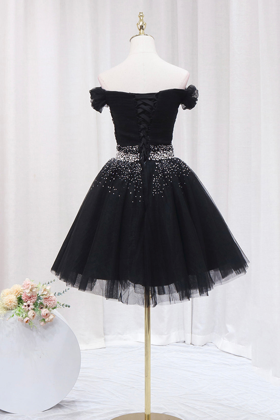 Black Tulle Beaded Short Prom Dress, Black Off Shoulder Evening Party Dress